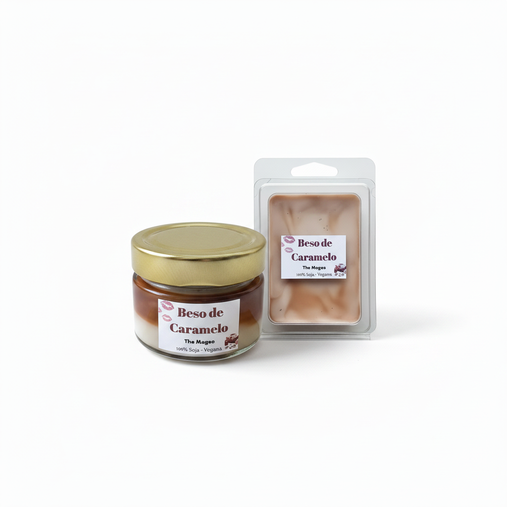 Pack Beso de Caramelo con vela mini y tableta de wax melts sobre fondo blanco