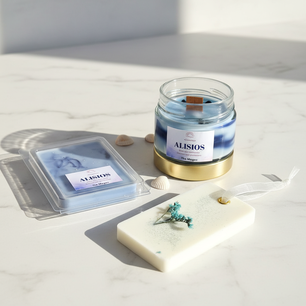 Pack Alisios: vela artesanal, wax melts y ambientador sólido TheMagec con detalles costeros canarios