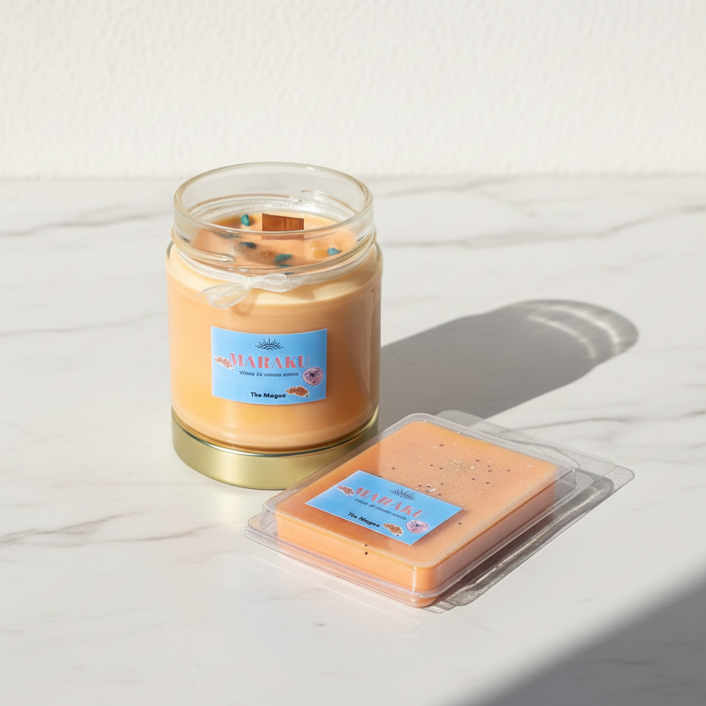 Pack MaraKu: vela artesanal y wax melts tableta TheMagec sobre fondo blanco