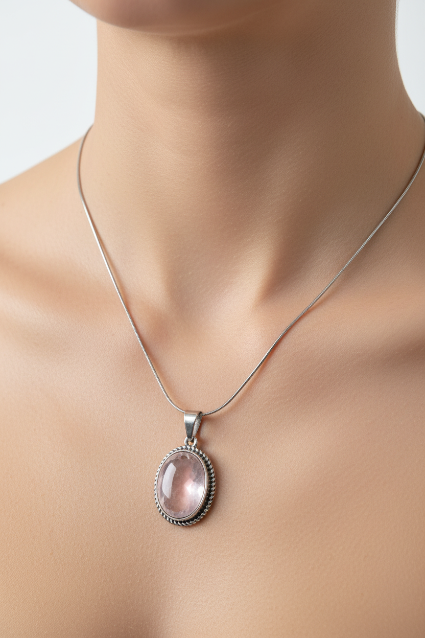 Collar de cuarzo rosa con cadena de acero plateado sobre cuello fondo blanco