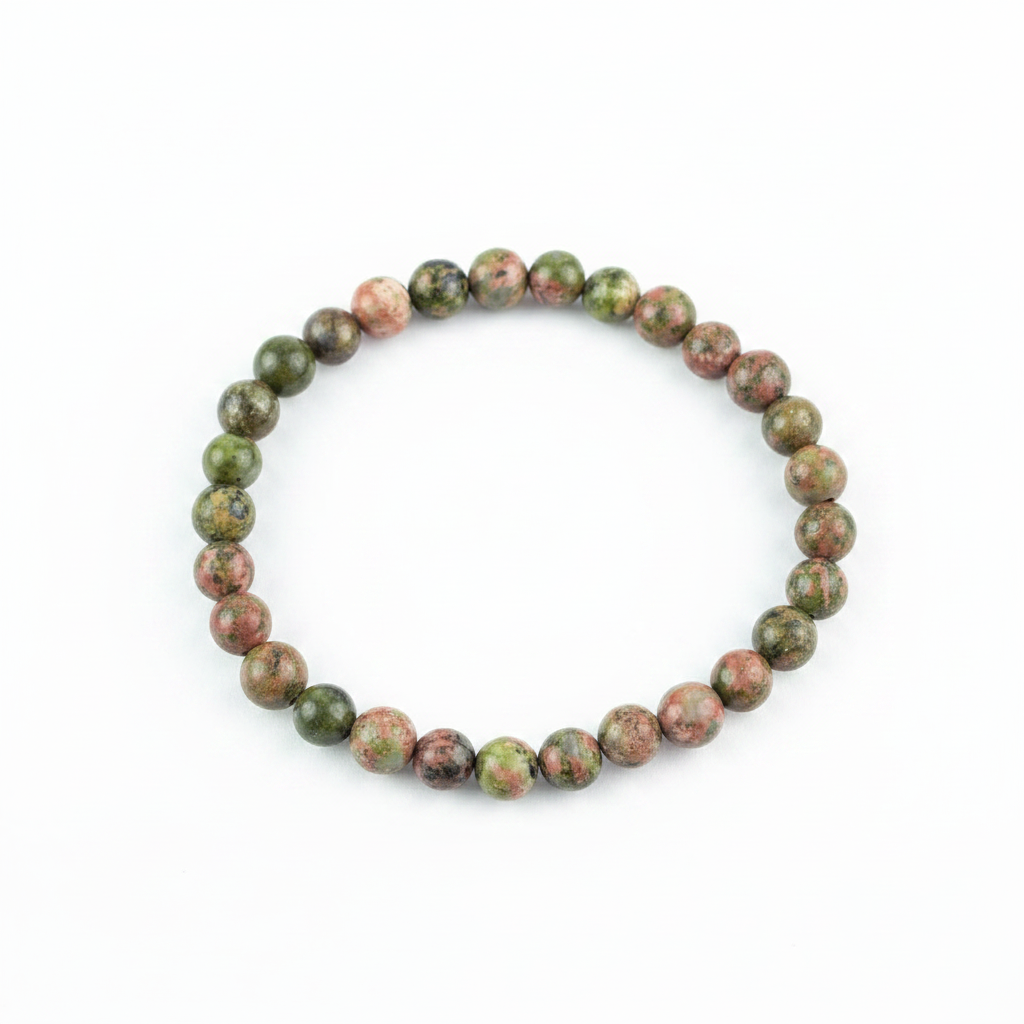 Pulsera Unakita 6mm — tonos verdes y rosas naturales