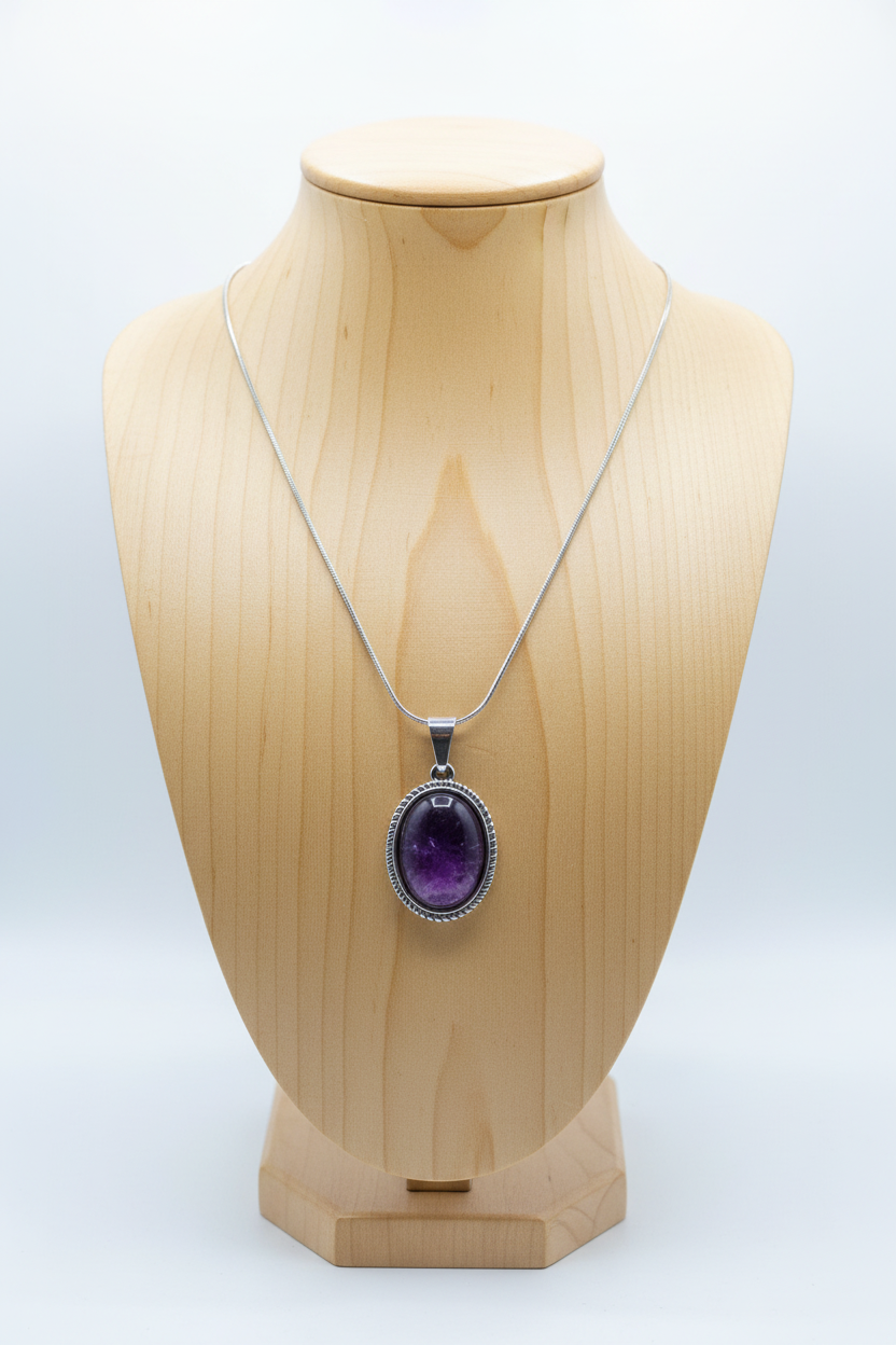 Collar de amatista pulida con cadena de acero sobre cuello de madera, fondo blanco
