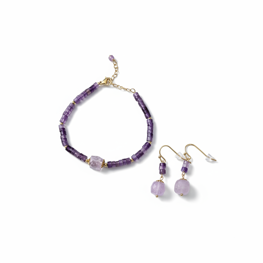 Juego pulsera y pendientes amatista plata - fondo blanco
