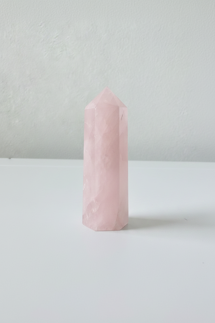 Punta de cuarzo rosa natural sobre fondo blanco