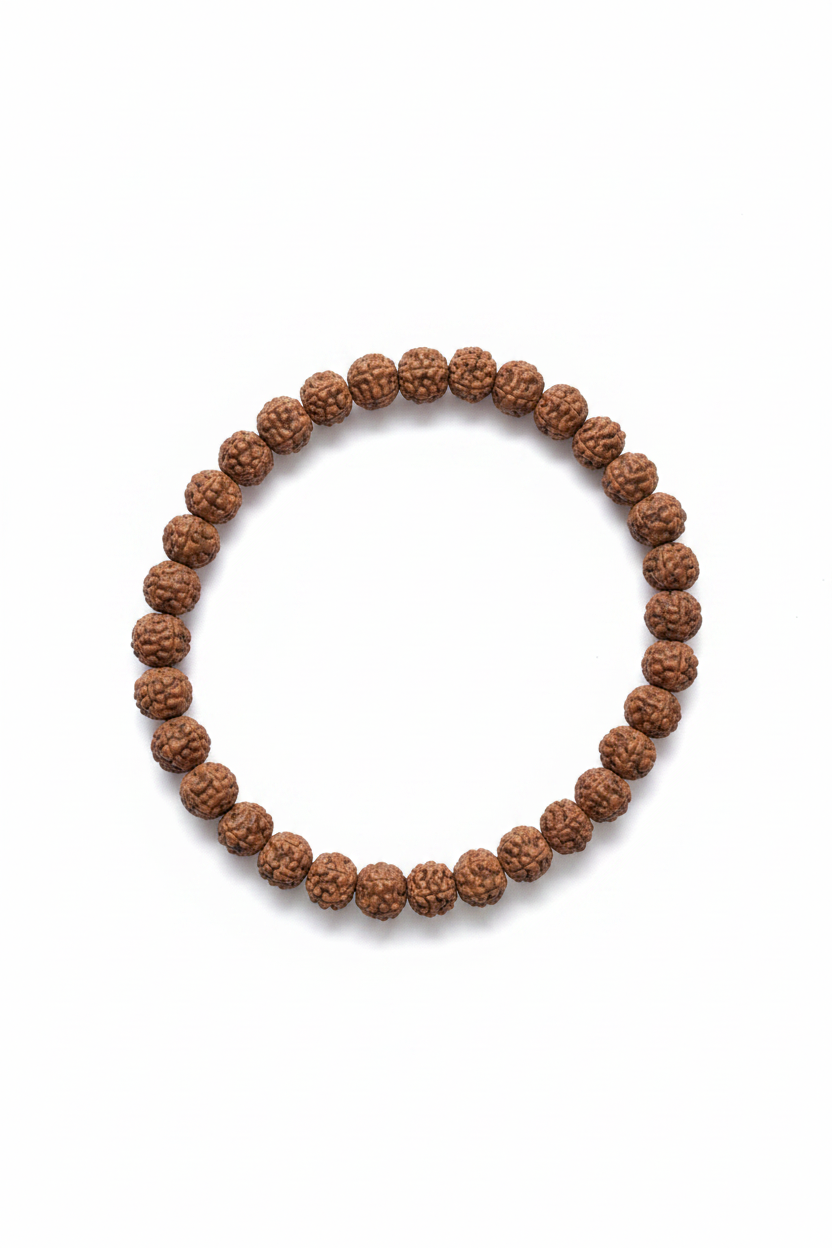 Pulsera de semillas Rudraksha naturales sobre fondo blanco, joyería holística artesanal TheMagec