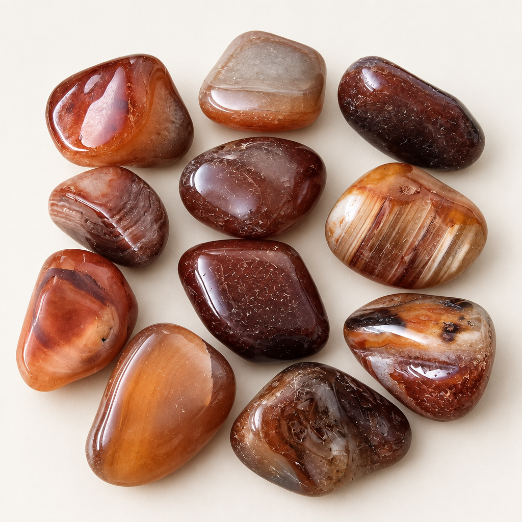 Selección de rodados naturales de cornalina pulida en tonos naranja, terracota y marrón rojizo