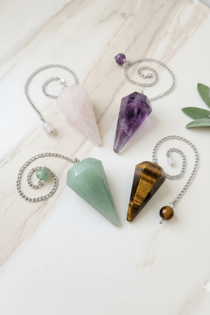 Péndulo Punta de Cristal - Amatista, Aventurina Verde, Ojo de Tigre, Cuarzo Rosa