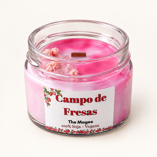 Vela Mini Magec Campo de Fresas con flores preservadas y cuarzo rosa