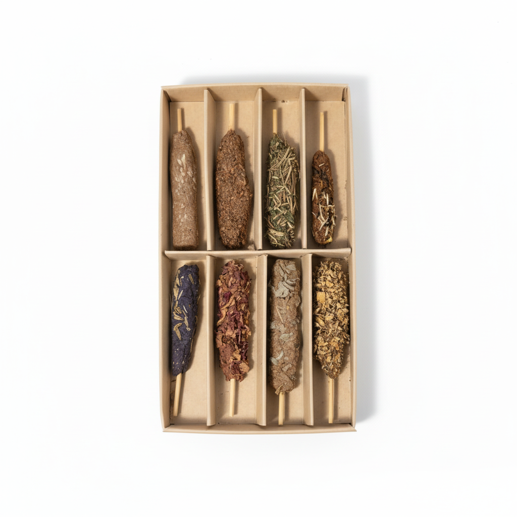 Los ocho sticks de incienso botánico en su caja sobre fondo blanco