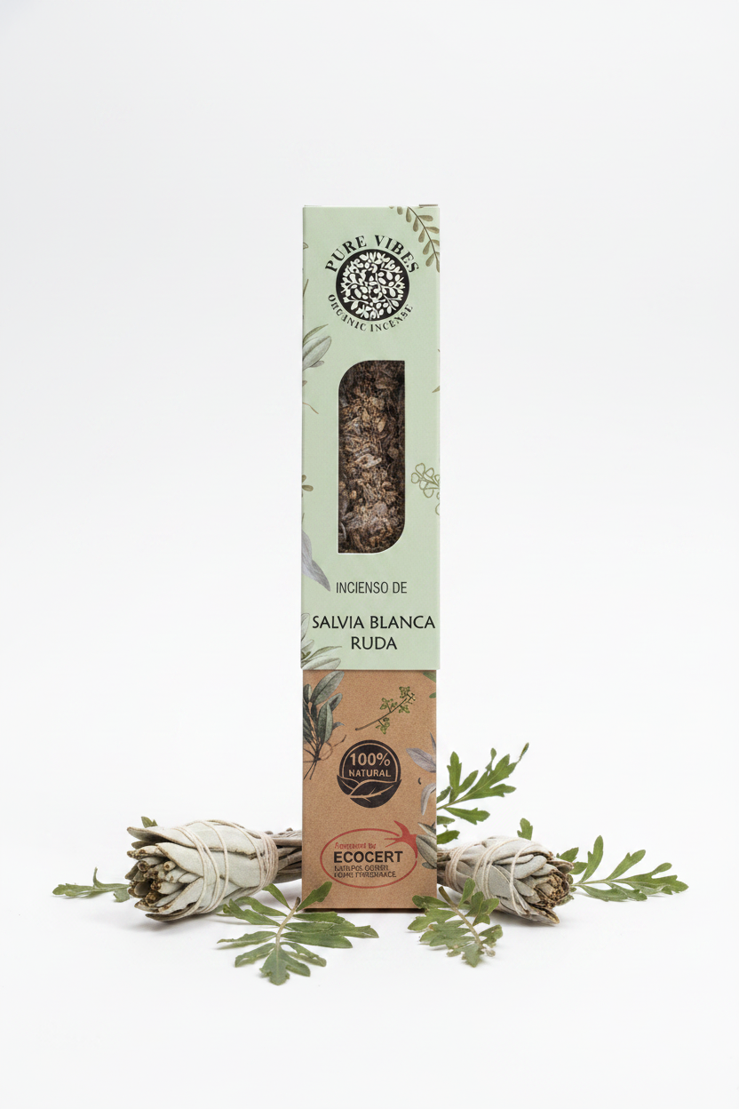 Incienso orgánico de salvia blanca y ruda sobre fondo blanco con ramitas decorativas