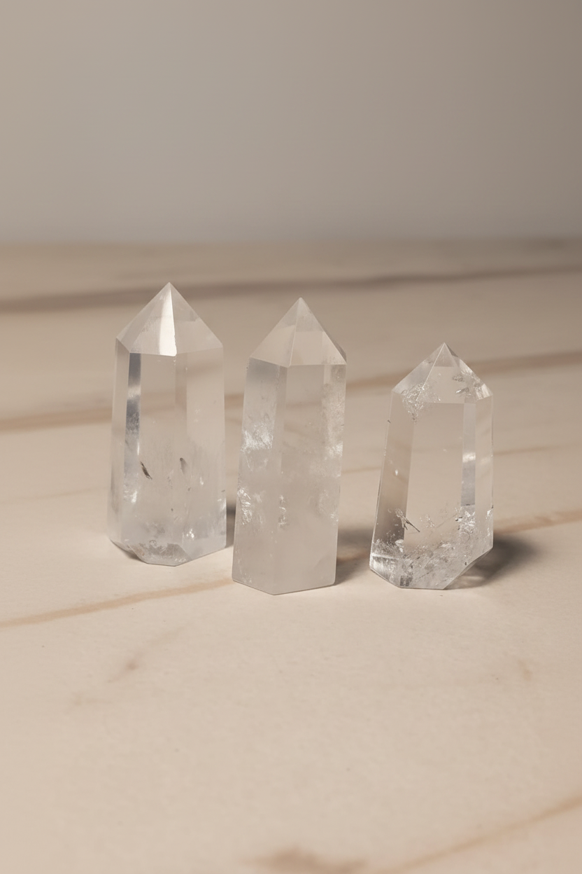 Puntas de cuarzo cristal natural sobre superficie elegante con iluminación suave