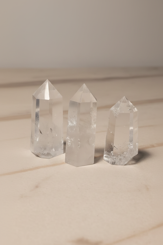 Puntas de cuarzo cristal natural sobre superficie elegante con iluminación suave