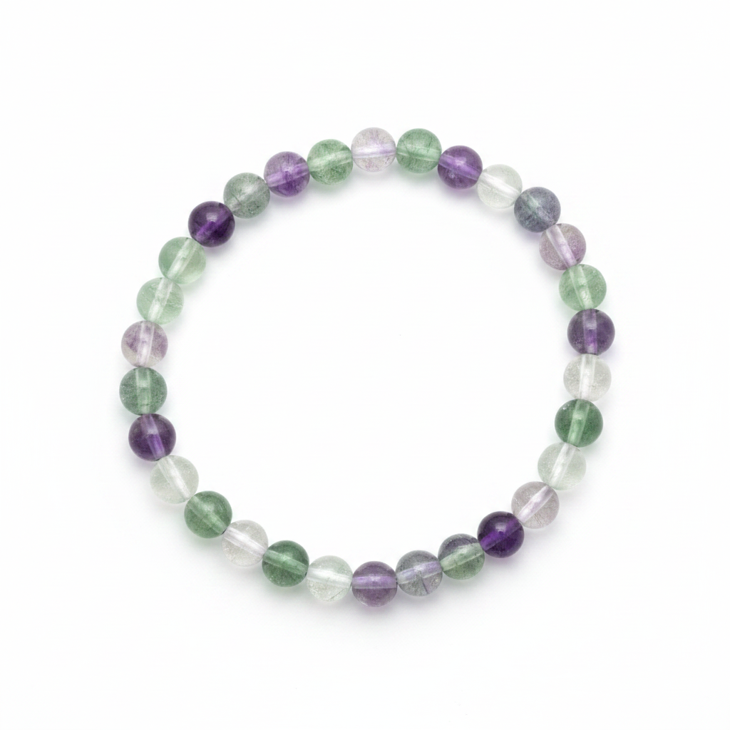 Pulsera Fluorita 6mm — tonos verdes y morados