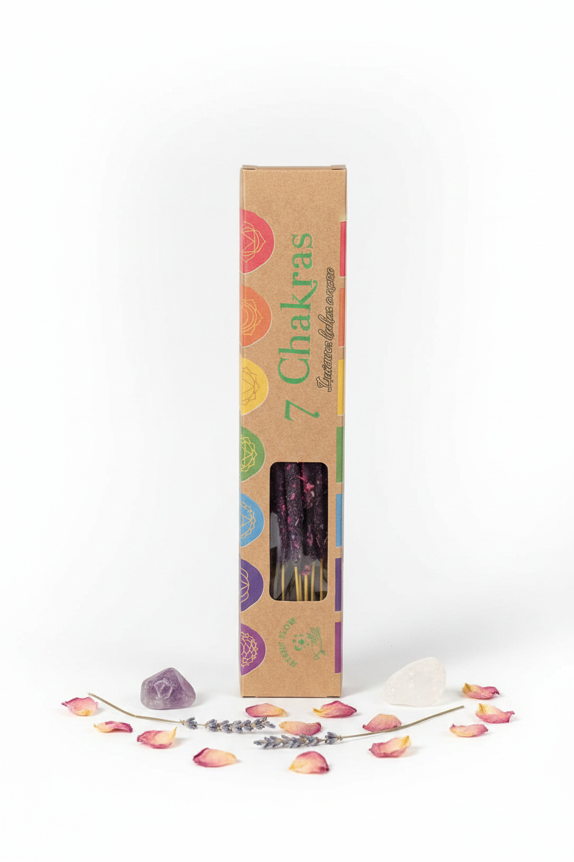 Incienso Artesanal 7 Chakras en caja kraft sobre fondo blanco con decoración de flores secas y cristales