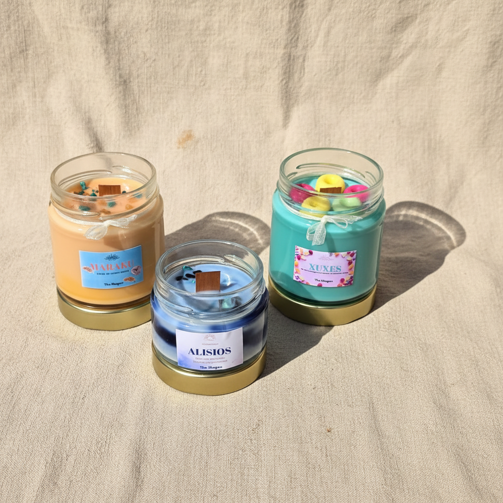 Pack de 3 velas artesanales de verano TheMagec: MaraKu, Xuxes y Alisios