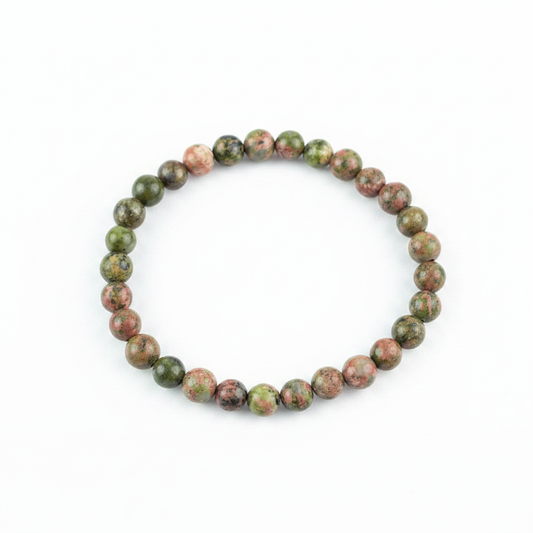 Pulsera Unakita 6mm — tonos verdes y rosas naturales