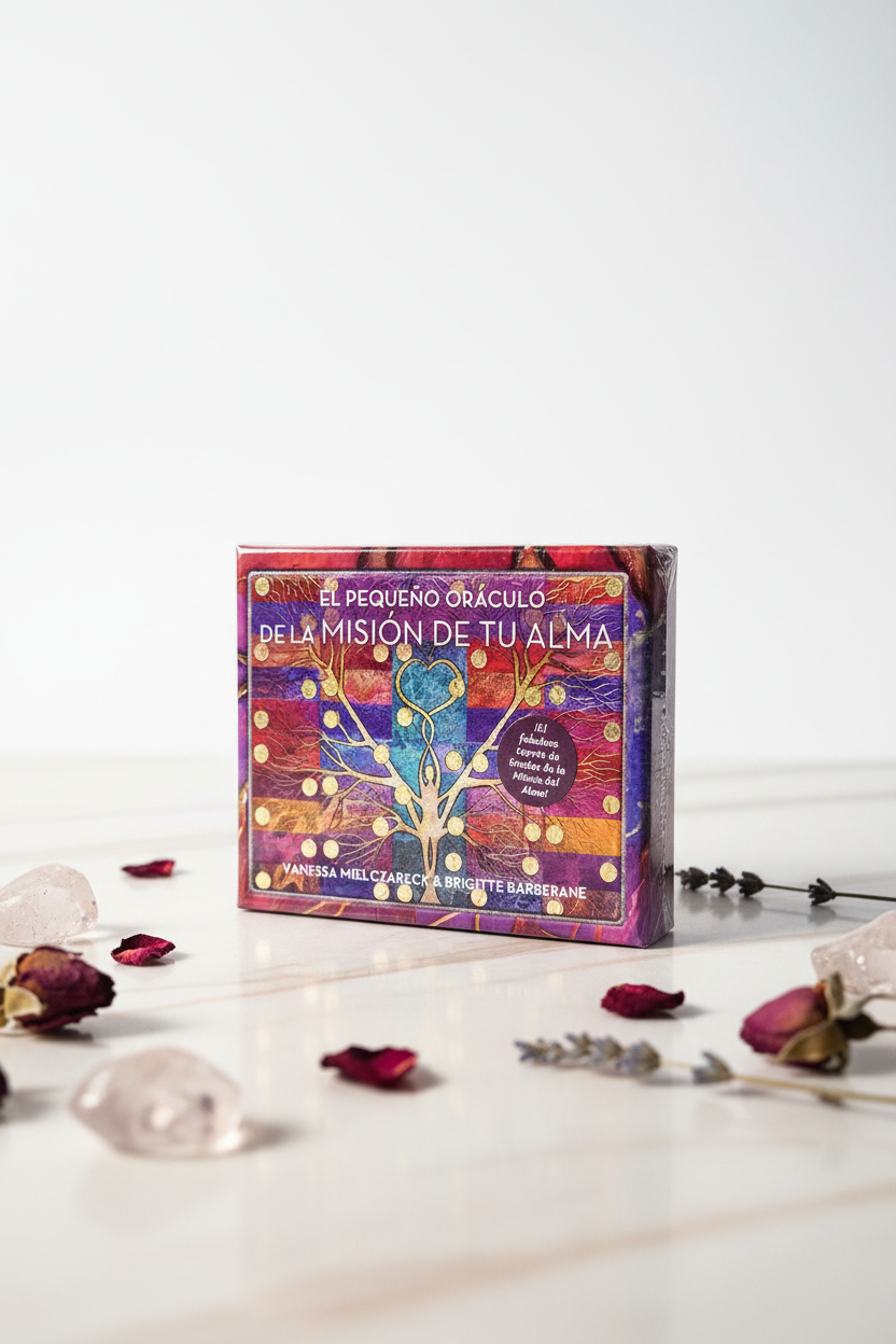 El Pequeño Oráculo de la Misión de tu Alma - caja sobre fondo blanco con decoración de cristales y flores