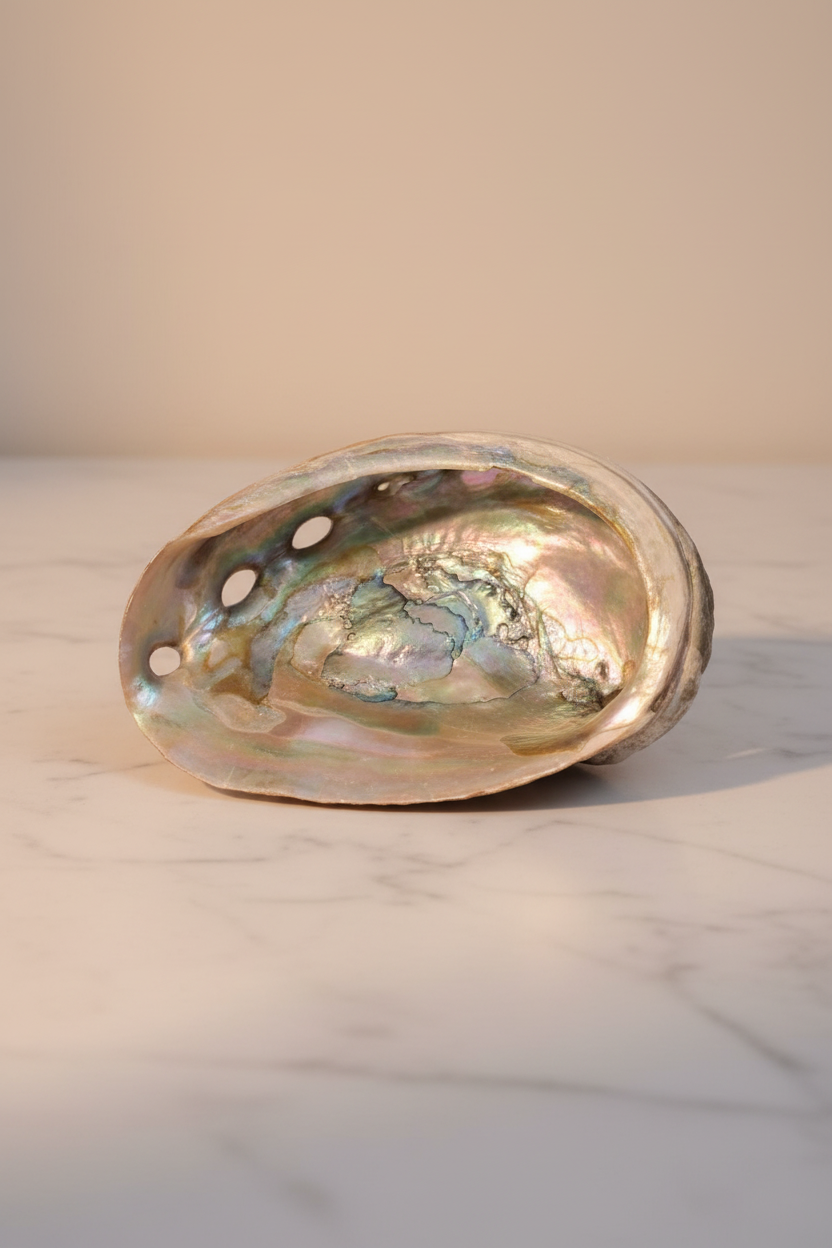 Concha de Abalón natural nacarada sobre superficie elegante con iluminación suave