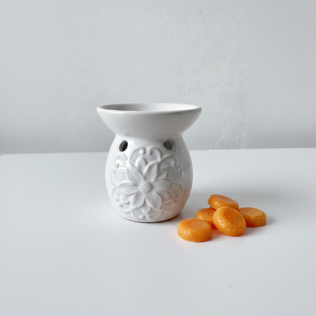 Quemador de cerámica blanca con wax melts de mandarina sobre fondo blanco