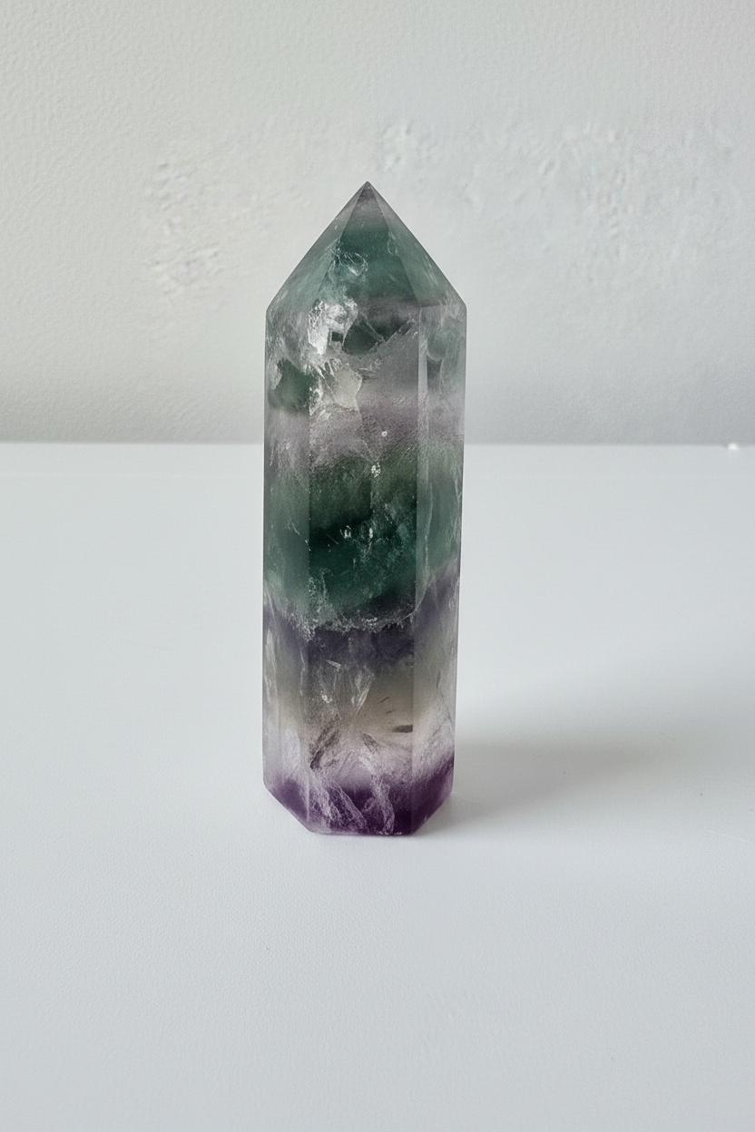 Punta de fluorita natural con bandas verdes y moradas sobre fondo blanco