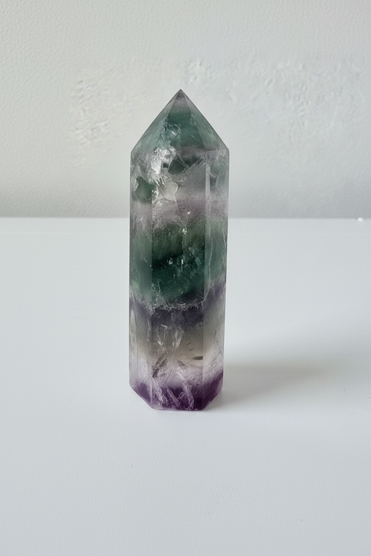 Punta de fluorita natural con bandas verdes y moradas sobre fondo blanco