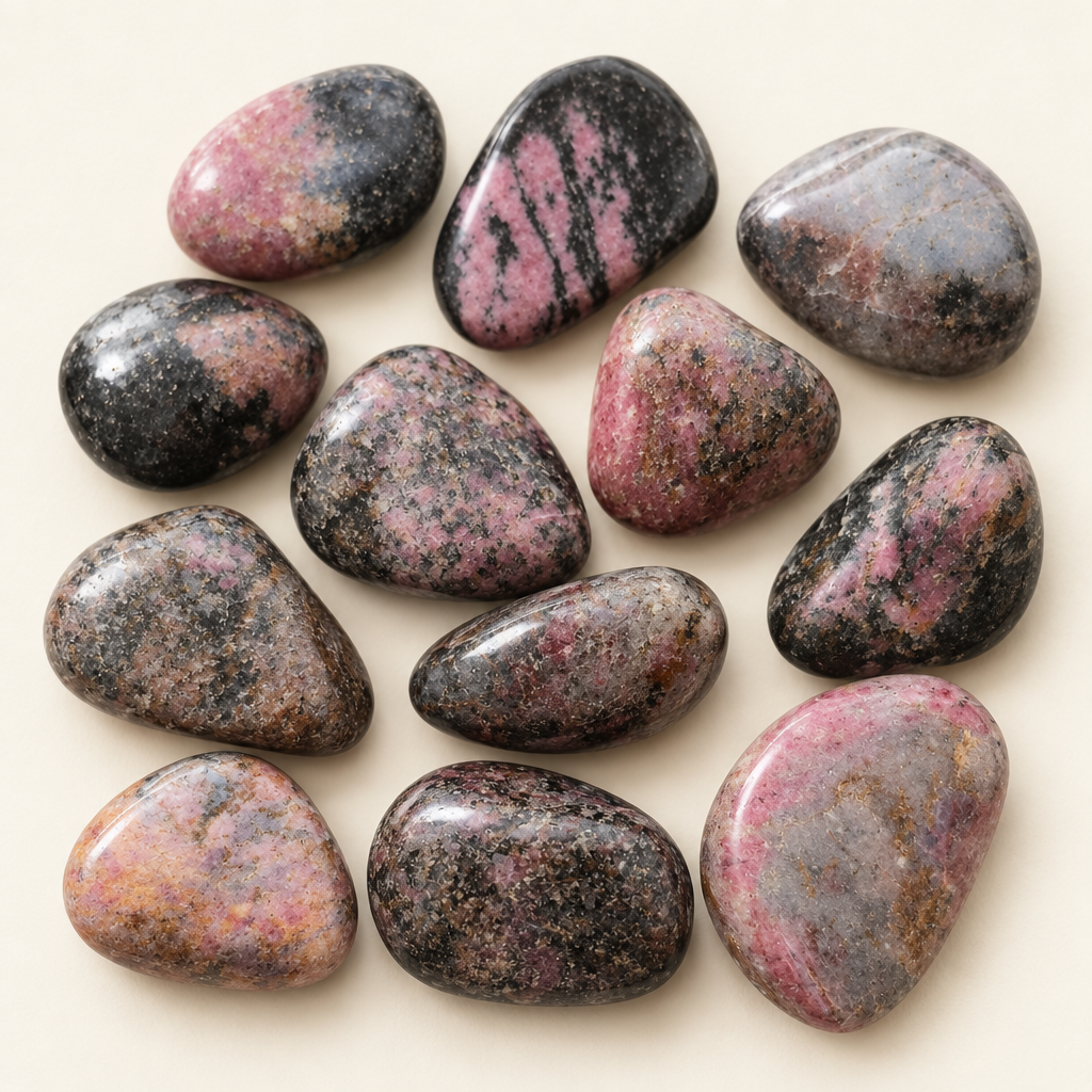 Selección de rodados naturales de rodonita pulida en tonos rosa, malva, gris y negro