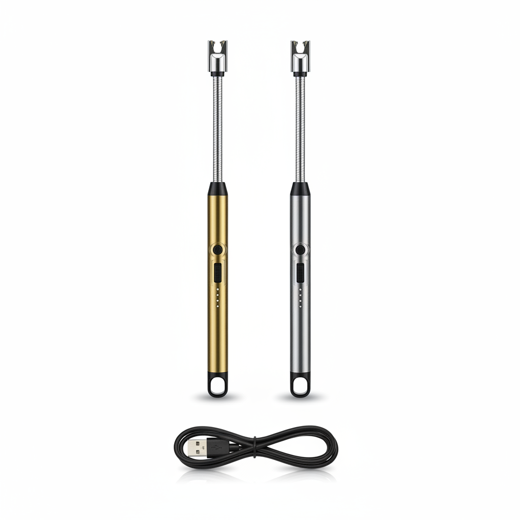 Encendedores eléctricos USB para velas en dorado y acero junto al cable USB-C incluido