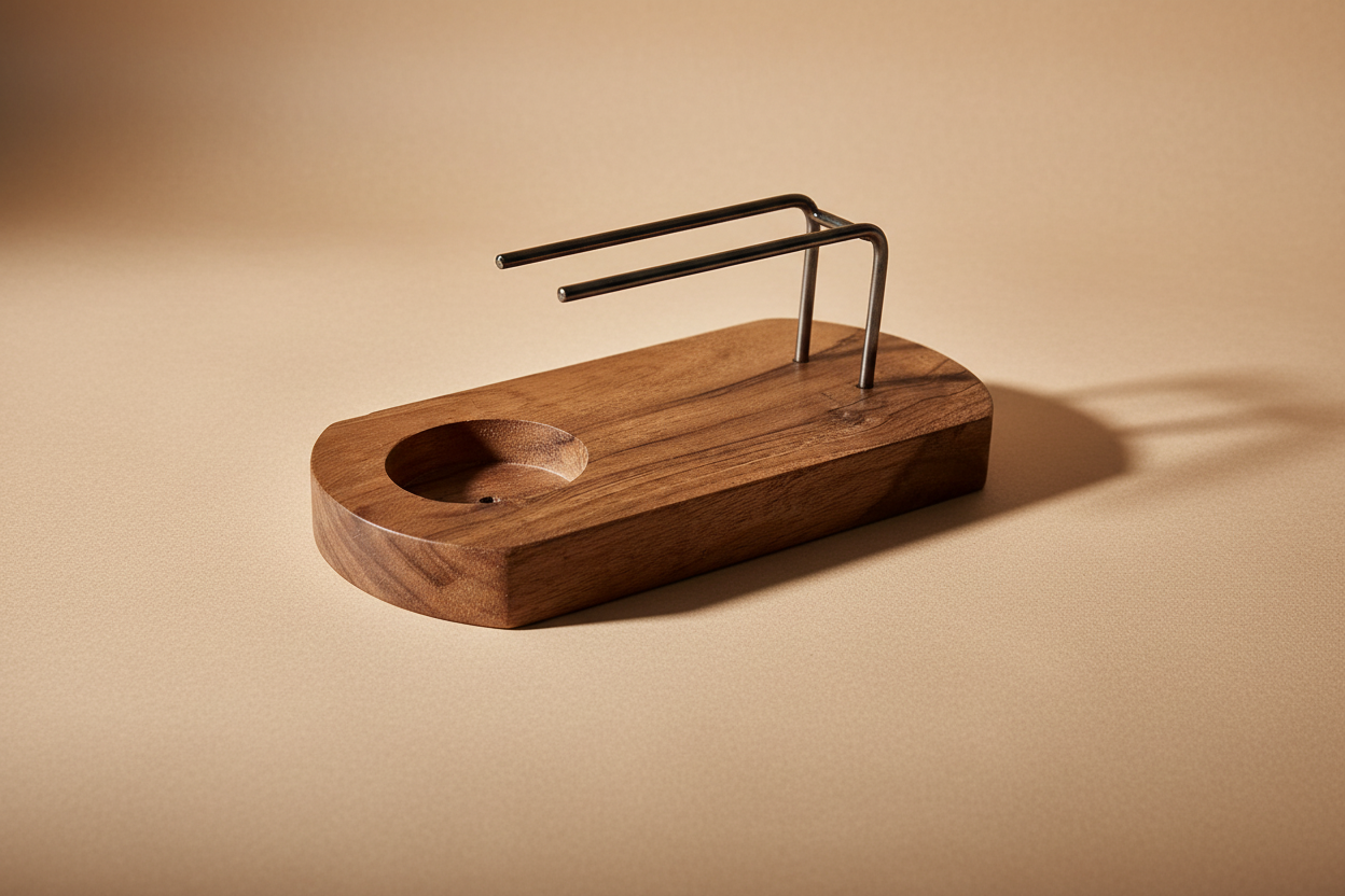 Quemador de palo santo de madera y metal sobre superficie elegante con iluminación suave