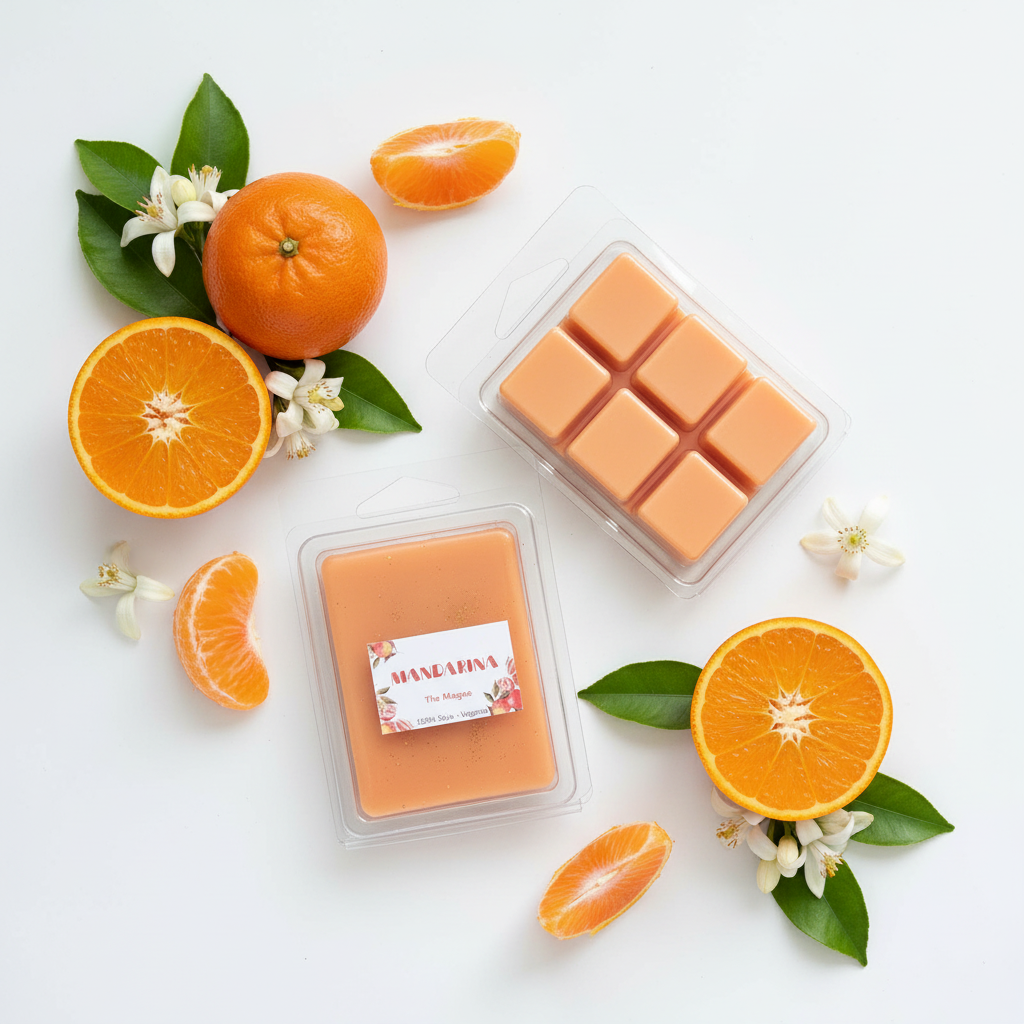 Tableta de cera aromática Mandarina sobre fondo blanco con mandarinas y flores de azahar decorativas