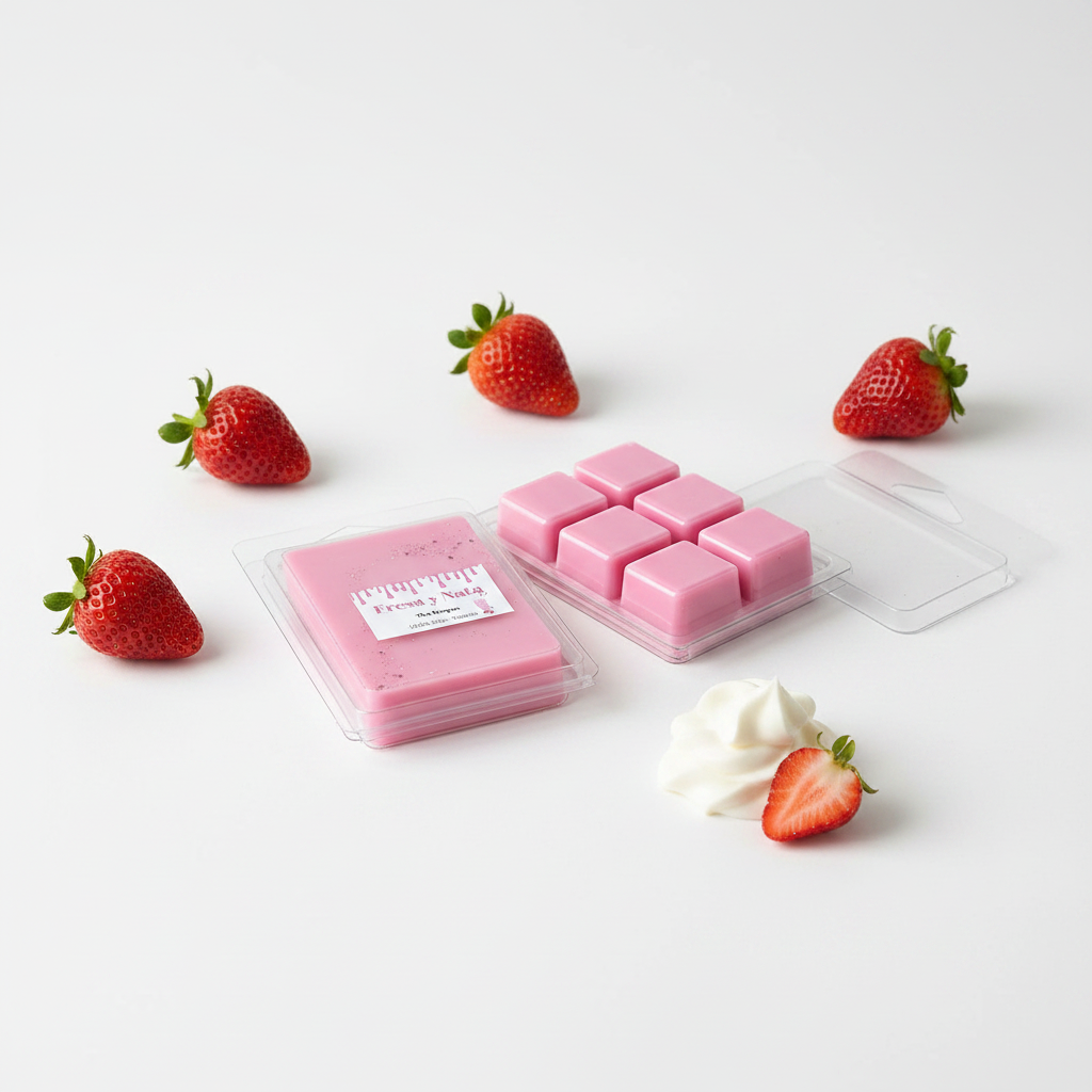Tableta de cera aromática Fresa y Nata sobre fondo blanco con fresas frescas decorativas