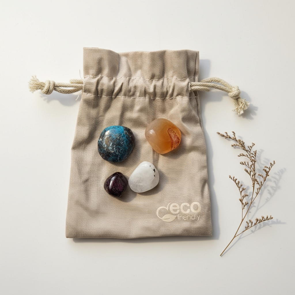 Pack de granate, cornalina, crisocola y piedra luna con un detalle botánico sutil sobre fondo blanco
