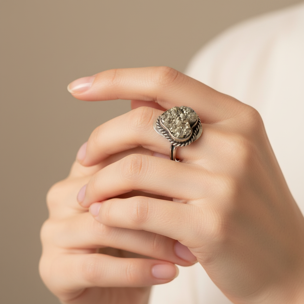 Anillo corazón de pirita puesto en el dedo de una mano femenina