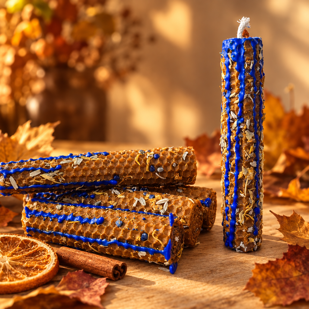 Velas de miel ocre ritualizadas para el otoño con hierbas, canela, naranja y lapislázuli